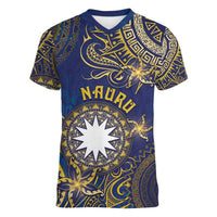 Personalised Nauru Women V-Neck T-Shirt Hibiscus Polynesian Tribal Pattern DT05 Female Navy - Polynesian Pride
