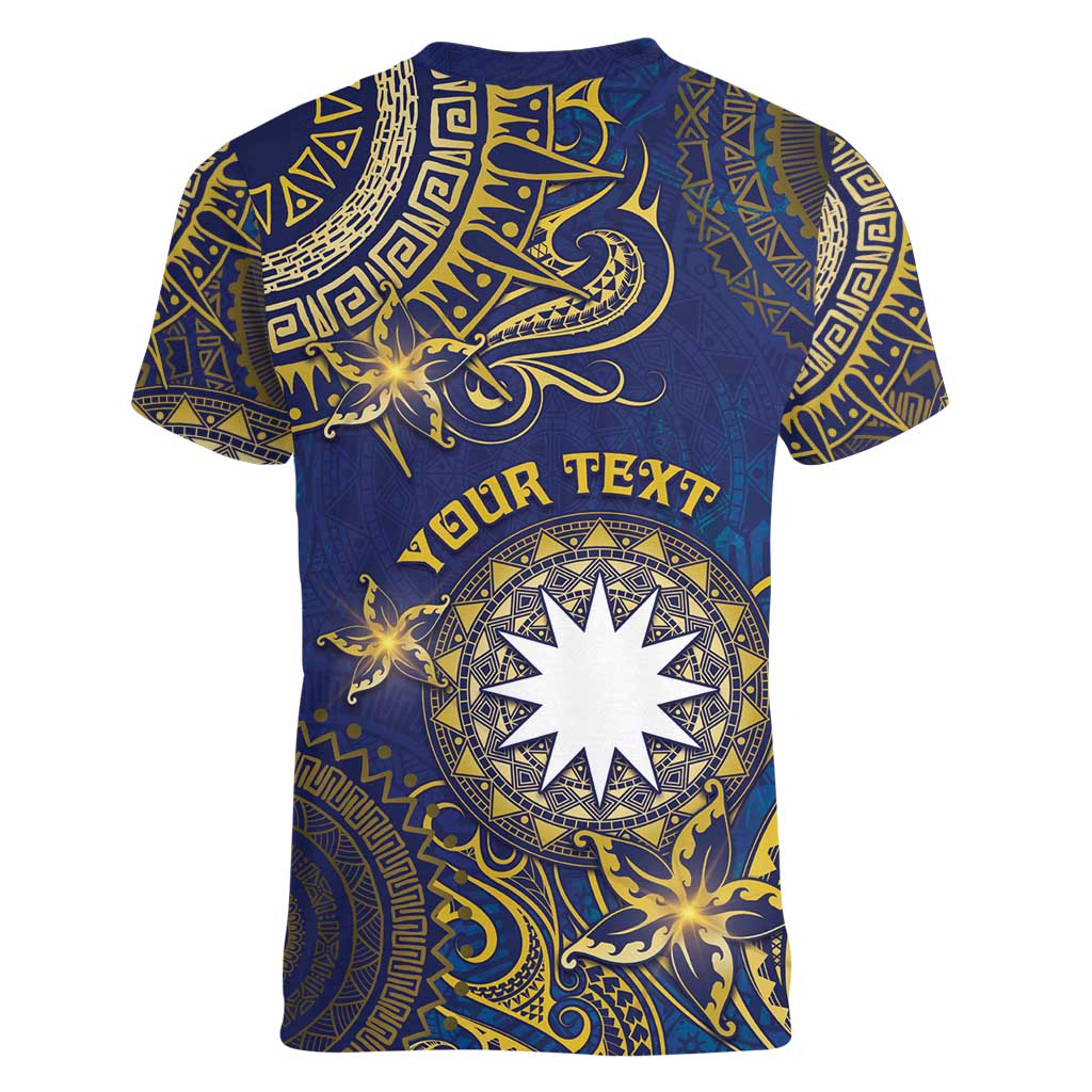 Personalised Nauru Women V-Neck T-Shirt Hibiscus Polynesian Tribal Pattern DT05 - Polynesian Pride
