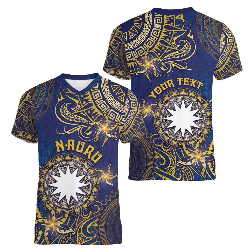 Personalised Nauru Women V-Neck T-Shirt Hibiscus Polynesian Tribal Pattern DT05 - Polynesian Pride