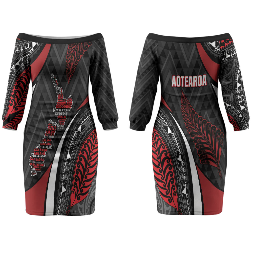 Aotearoa New Zealand Native Birds Map Couples Matching Off The Shoulder Long Sleeve Dress and Long Sleeve Button Shirt Silver Fern Tribal Pattern DT05 - Polynesian Pride