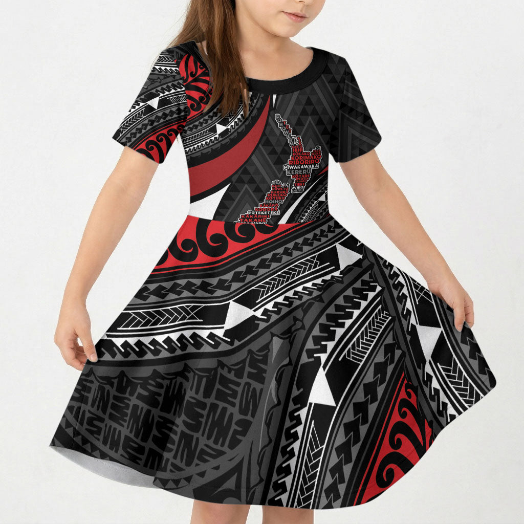 Aotearoa New Zealand Native Birds Map Kid Short Sleeve Dress Silver Fern Tribal Pattern DT05 KID Red - Polynesian Pride