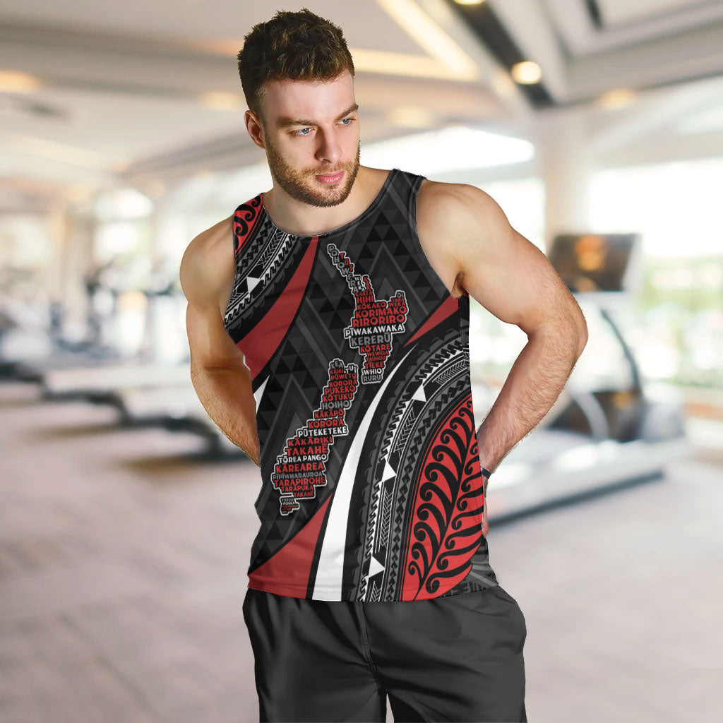 Aotearoa New Zealand Native Birds Map Men Tank Top Silver Fern Tribal Pattern DT05 Red - Polynesian Pride