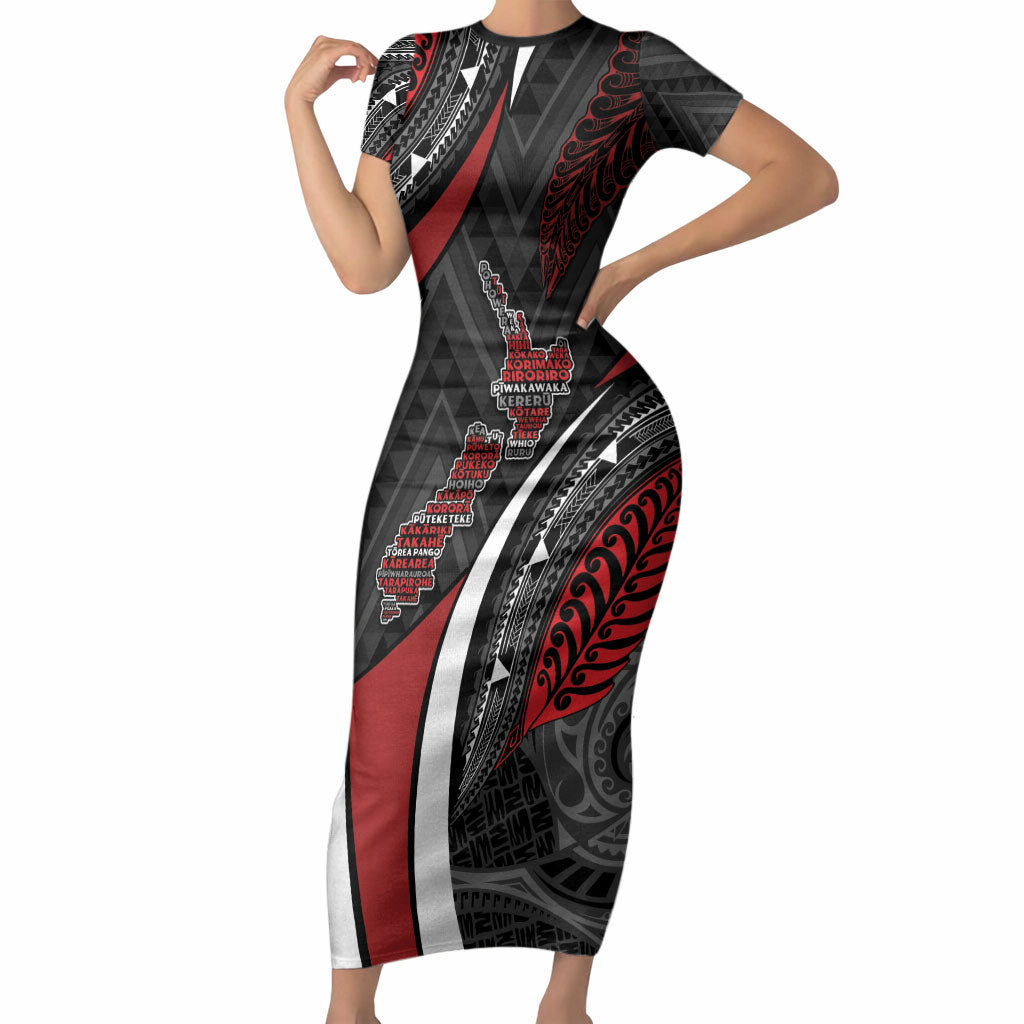 Aotearoa New Zealand Native Birds Map Short Sleeve Bodycon Dress Silver Fern Tribal Pattern DT05 Long Dress Red - Polynesian Pride