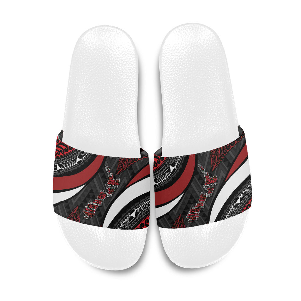 Aotearoa New Zealand Native Birds Map Slide Sandals Silver Fern Tribal Pattern DT05 Red - Polynesian Pride