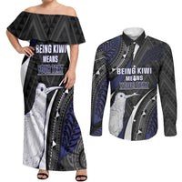 Personalised New Zealand Kiwi Couples Matching Off Shoulder Maxi Dress and Long Sleeve Button Shirt Silver Fern Tribal Pattern DT05 Navy - Polynesian Pride