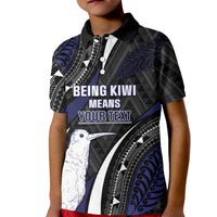 Personalised New Zealand Kiwi Kid Polo Shirt Silver Fern Tribal Pattern DT05 Kid Navy - Polynesian Pride