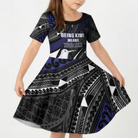 Personalised New Zealand Kiwi Kid Short Sleeve Dress Silver Fern Tribal Pattern DT05 KID Navy - Polynesian Pride