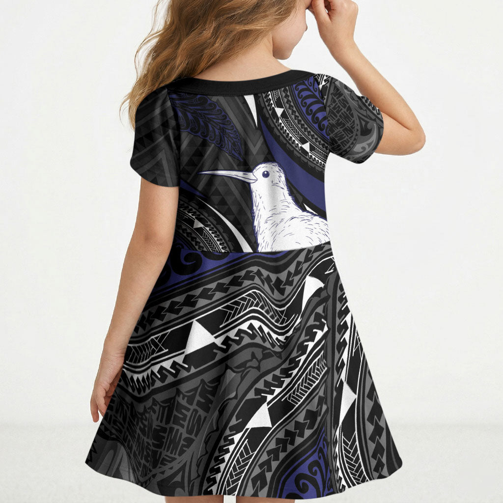 Personalised New Zealand Kiwi Kid Short Sleeve Dress Silver Fern Tribal Pattern DT05 - Polynesian Pride
