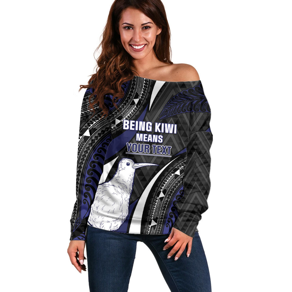 Personalised New Zealand Kiwi Off Shoulder Sweater Silver Fern Tribal Pattern DT05 Women Navy - Polynesian Pride
