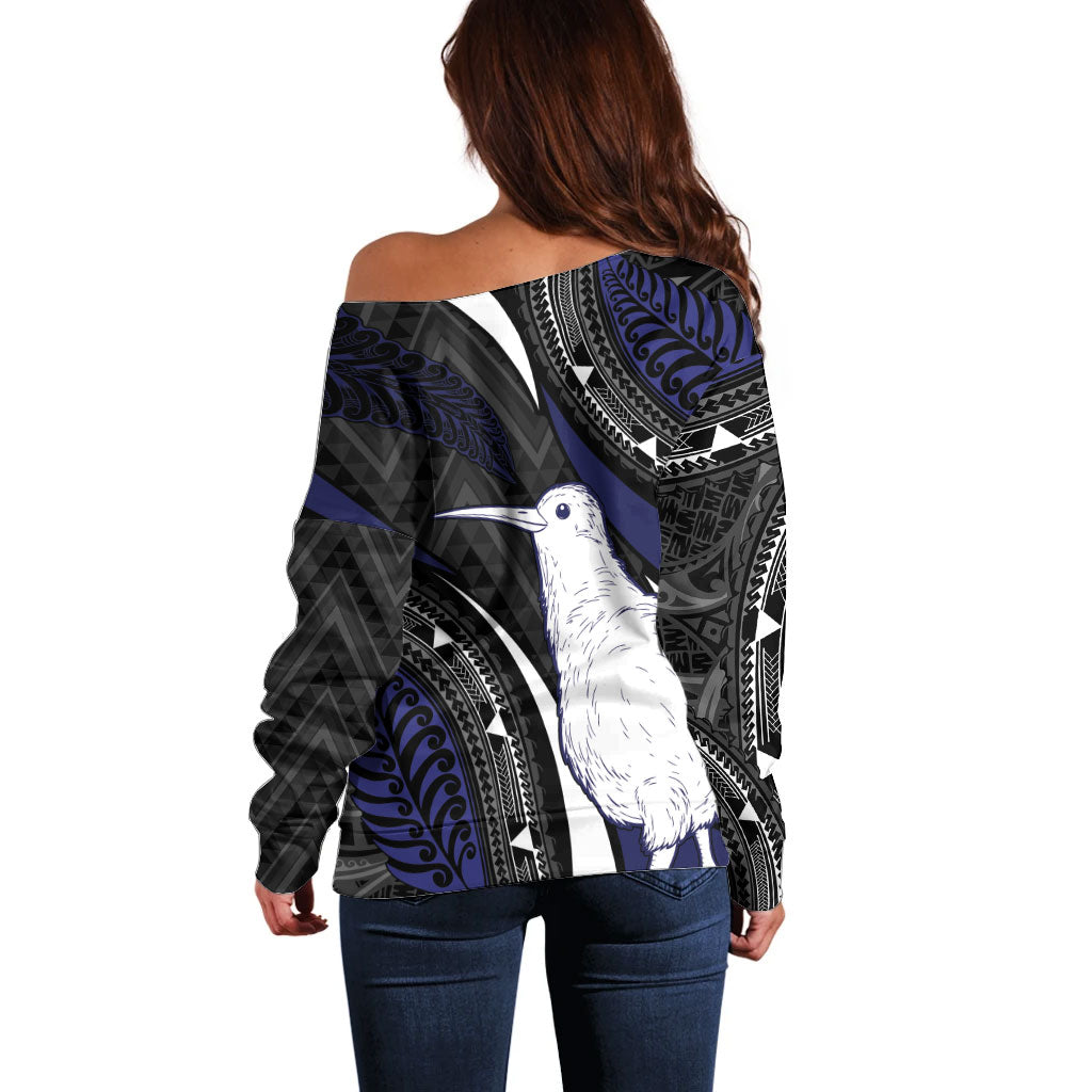 Personalised New Zealand Kiwi Off Shoulder Sweater Silver Fern Tribal Pattern DT05 - Polynesian Pride