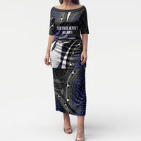 Personalised New Zealand Kiwi Puletasi Silver Fern Tribal Pattern DT05 Long Dress Navy - Polynesian Pride