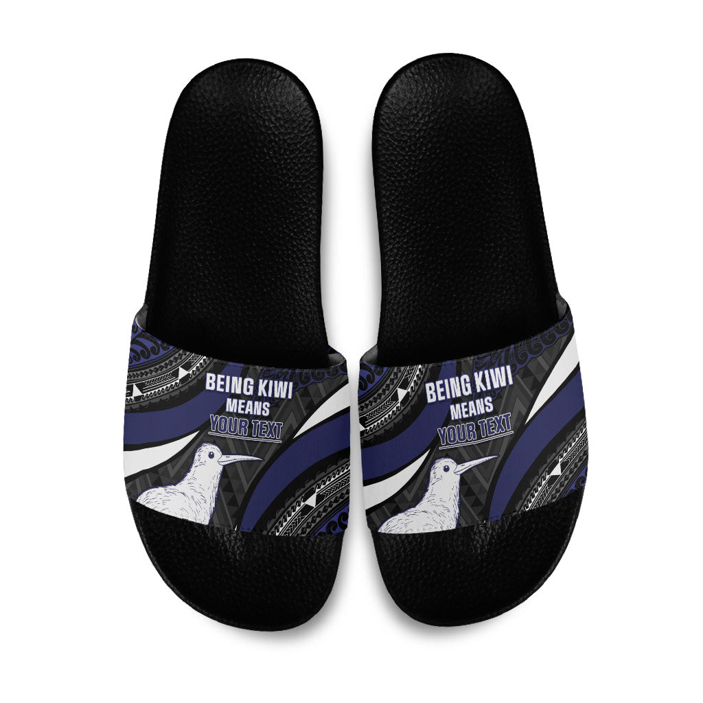 Personalised New Zealand Kiwi Slide Sandals Silver Fern Tribal Pattern DT05 Navy - Polynesian Pride