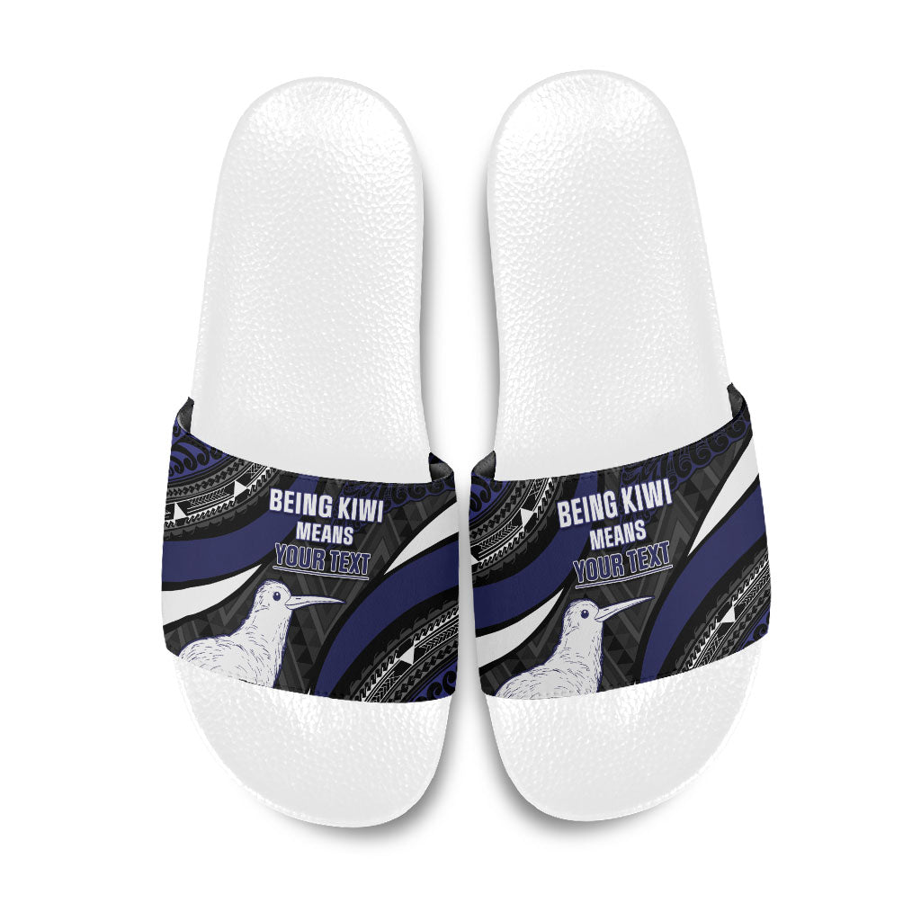 Personalised New Zealand Kiwi Slide Sandals Silver Fern Tribal Pattern DT05 Navy - Polynesian Pride