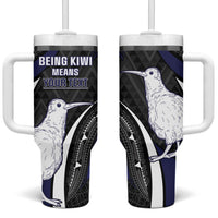 Personalised New Zealand Kiwi Tumbler With Handle Silver Fern Tribal Pattern DT05 One Size: 40 oz Navy - Polynesian Pride