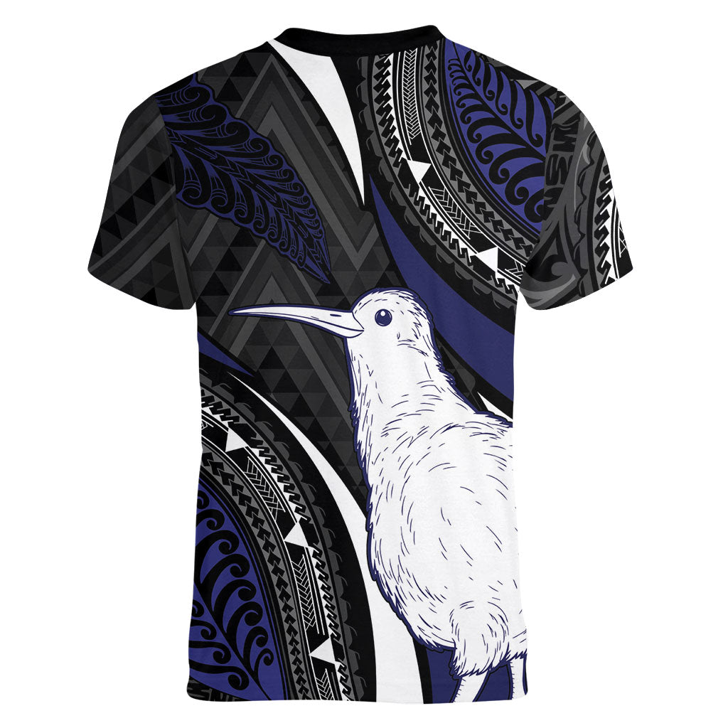 Personalised New Zealand Kiwi Women V-Neck T-Shirt Silver Fern Tribal Pattern DT05 - Polynesian Pride