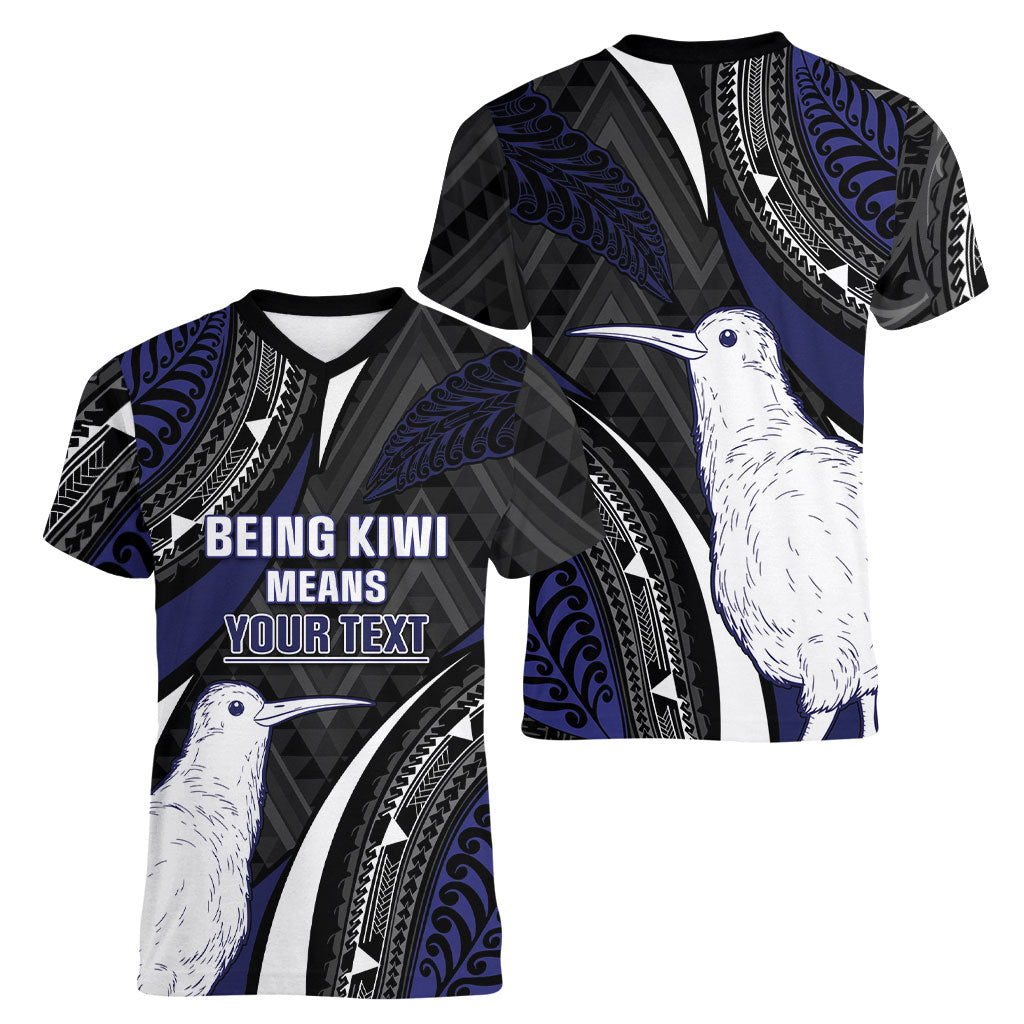 Personalised New Zealand Kiwi Women V-Neck T-Shirt Silver Fern Tribal Pattern DT05 - Polynesian Pride