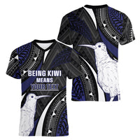 Personalised New Zealand Kiwi Women V-Neck T-Shirt Silver Fern Tribal Pattern DT05 - Polynesian Pride