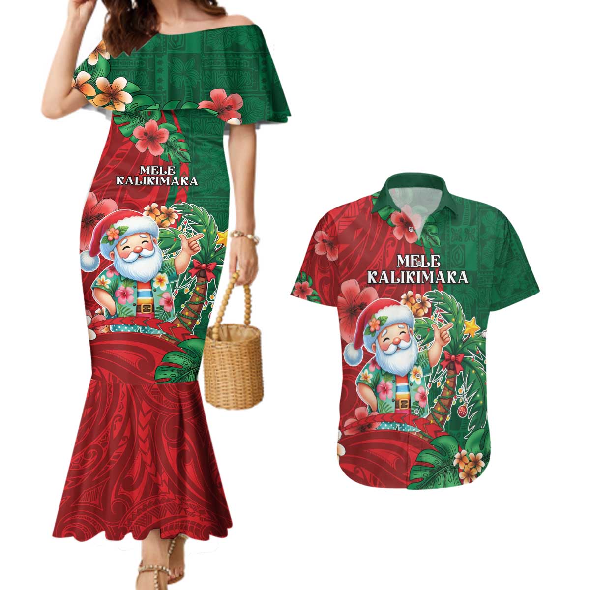 Hawaii Christmas Couples Matching Mermaid Dress and Hawaiian Shirt Mele Kalikimaka Funny Hawaiian Santa - Polynesian Pride