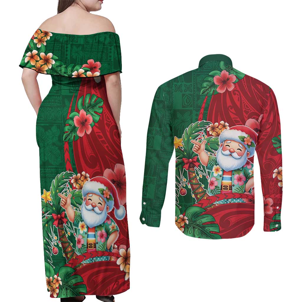 Hawaii Christmas Couples Matching Off Shoulder Maxi Dress and Long Sleeve Button Shirt Mele Kalikimaka Funny Hawaiian Santa - Polynesian Pride