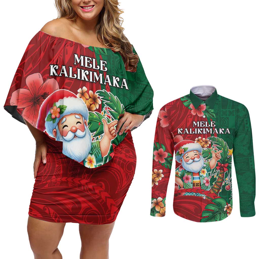 Hawaii Christmas Couples Matching Off Shoulder Short Dress and Long Sleeve Button Shirt Mele Kalikimaka Funny Hawaiian Santa - Polynesian Pride