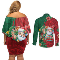 Hawaii Christmas Couples Matching Off Shoulder Short Dress and Long Sleeve Button Shirt Mele Kalikimaka Funny Hawaiian Santa - Polynesian Pride