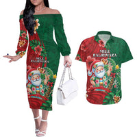 Hawaii Christmas Couples Matching Off The Shoulder Long Sleeve Dress and Hawaiian Shirt Mele Kalikimaka Funny Hawaiian Santa - Polynesian Pride