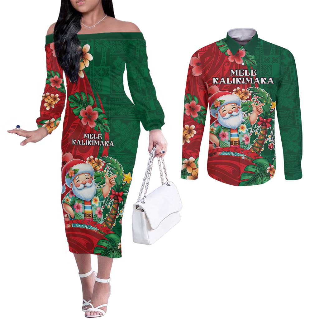 Hawaii Christmas Couples Matching Off The Shoulder Long Sleeve Dress and Long Sleeve Button Shirt Mele Kalikimaka Funny Hawaiian Santa - Polynesian Pride