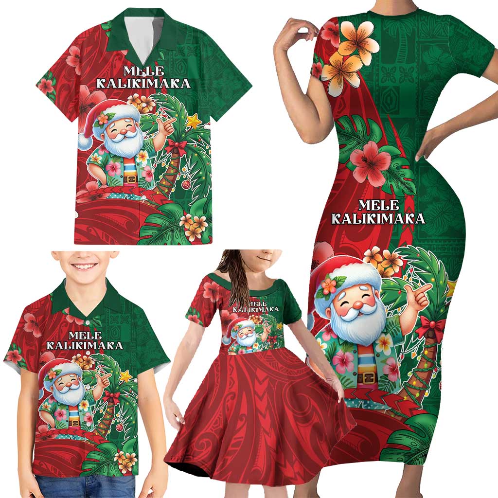 Hawaii Christmas Family Matching Short Sleeve Bodycon Dress and Hawaiian Shirt Mele Kalikimaka Funny Hawaiian Santa - Polynesian Pride