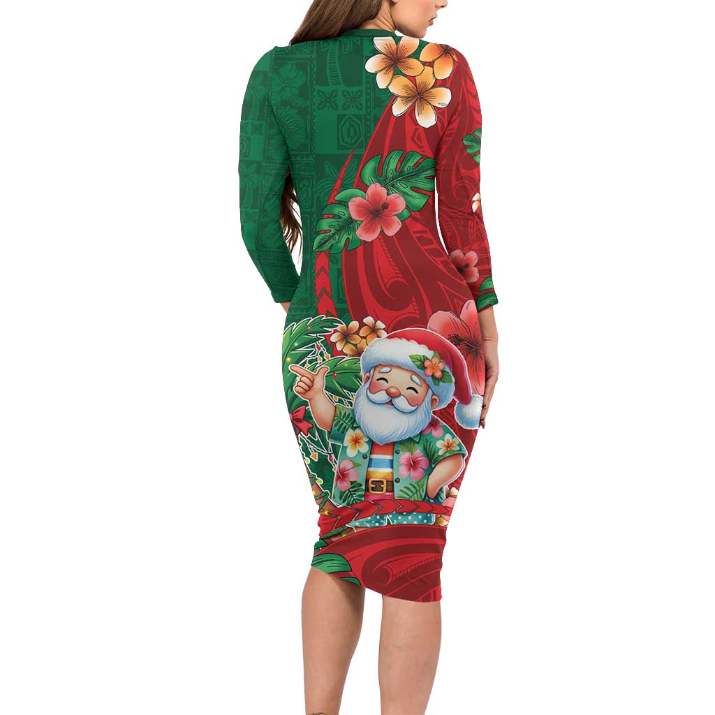 Hawaii Christmas Long Sleeve Bodycon Dress Mele Kalikimaka Funny Hawaiian Santa - Polynesian Pride