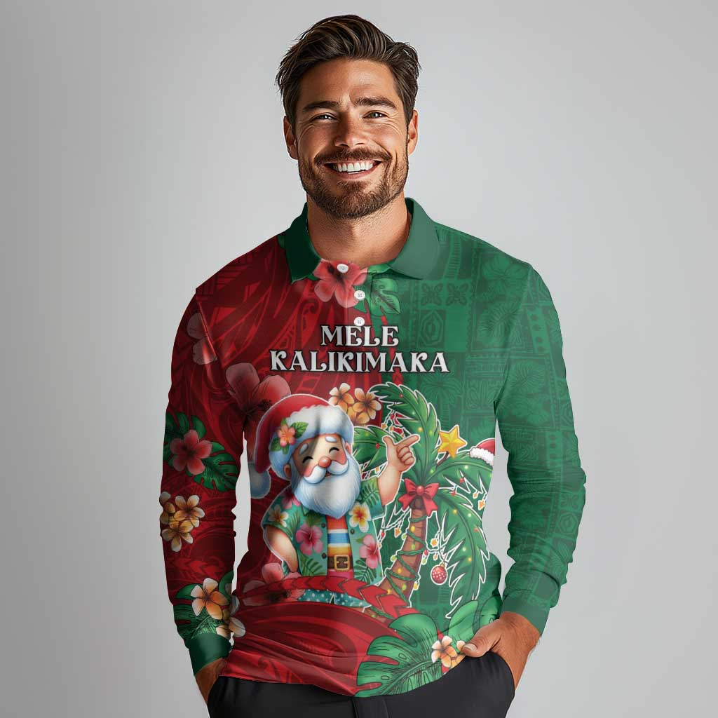 Hawaii Christmas Long Sleeve Polo Shirt Mele Kalikimaka Funny Hawaiian Santa - Polynesian Pride