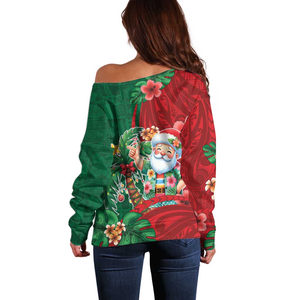 Hawaii Christmas Off Shoulder Sweater Mele Kalikimaka Funny Hawaiian Santa - Polynesian Pride