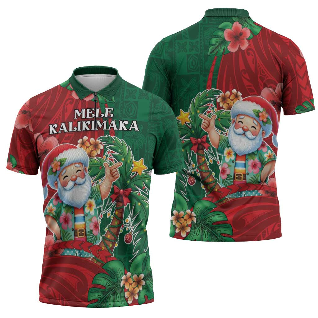 Hawaii Christmas Zipper Polo Shirt Mele Kalikimaka Funny Hawaiian Santa - Polynesian Pride