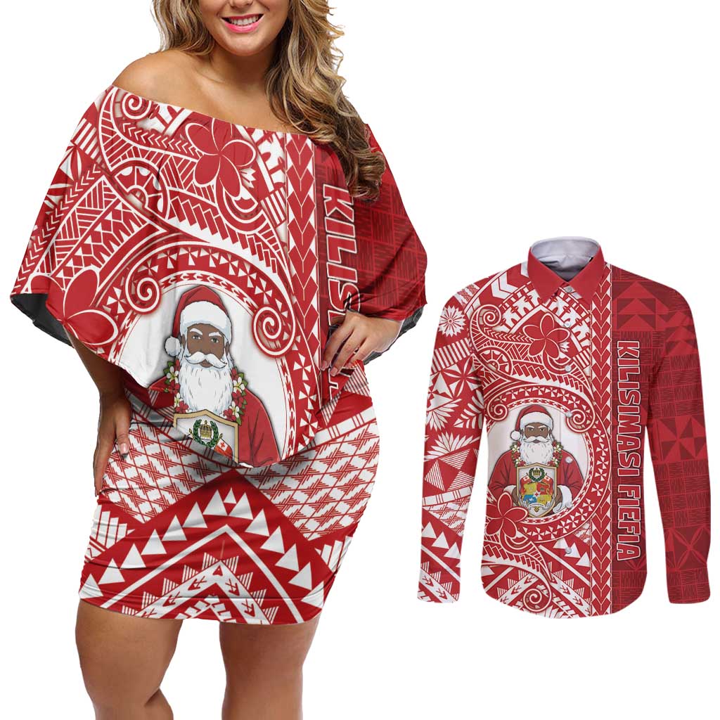 Tonga Christmas Couples Matching Off Shoulder Short Dress and Long Sleeve Button Shirt Kilisimasi Fiefia - Polynesian Pride