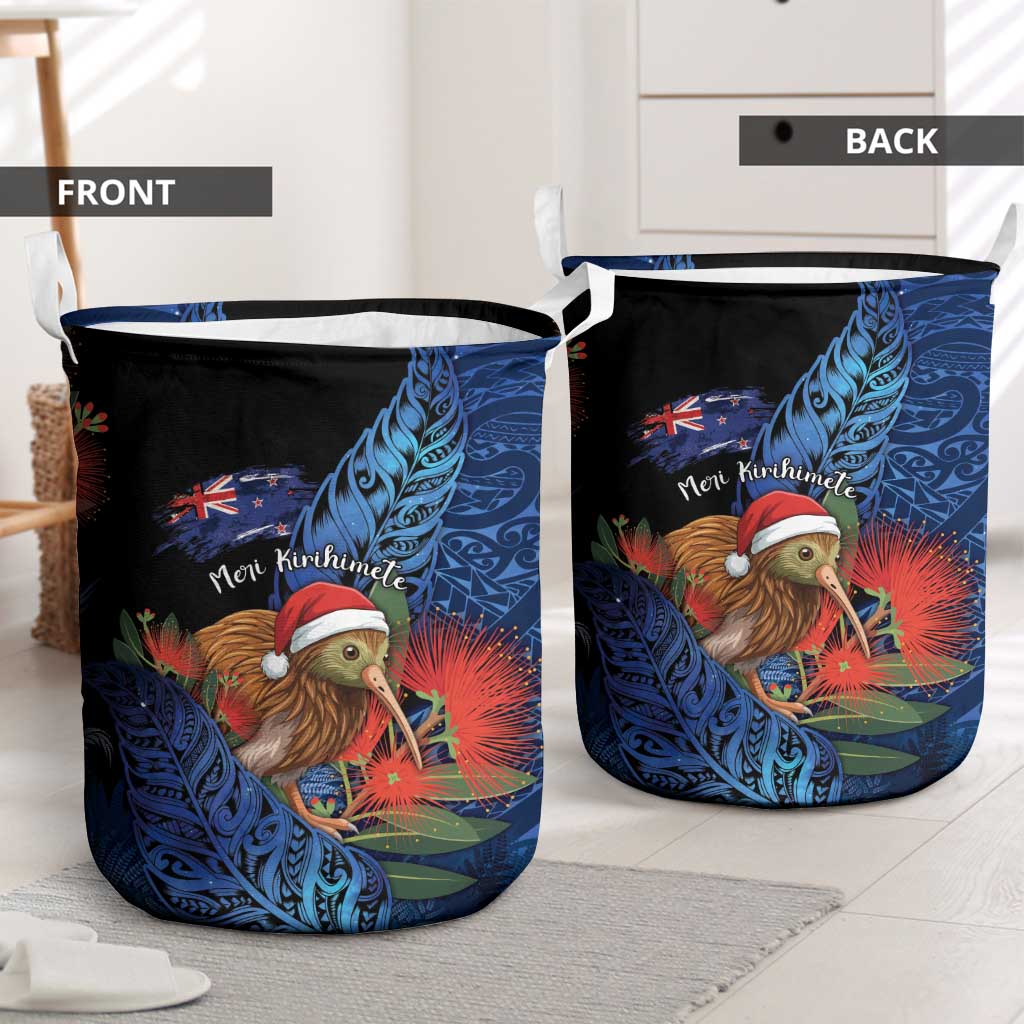 New Zealand Christmas Laundry Basket Santa Kiwi Bird With Pohutukawa Flowers - Polynesian Pride