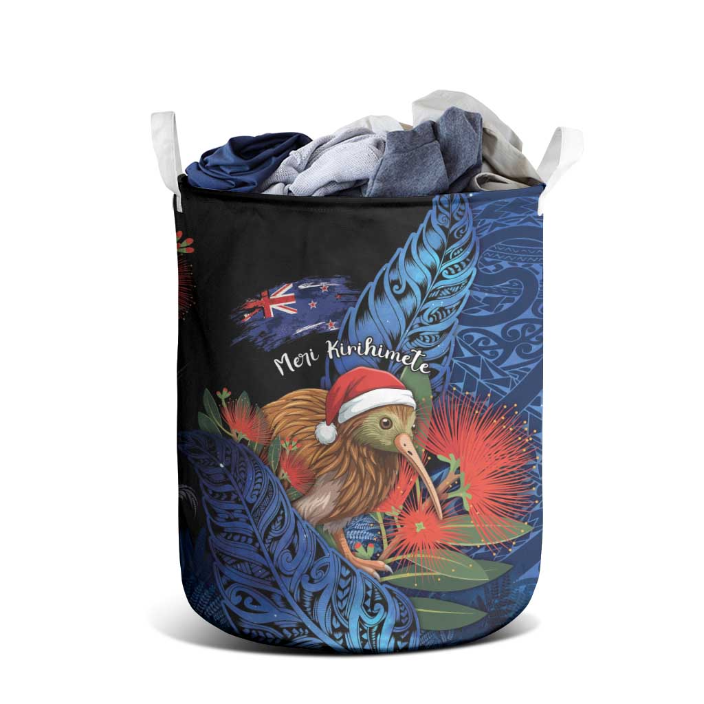 New Zealand Christmas Laundry Basket Santa Kiwi Bird With Pohutukawa Flowers - Polynesian Pride