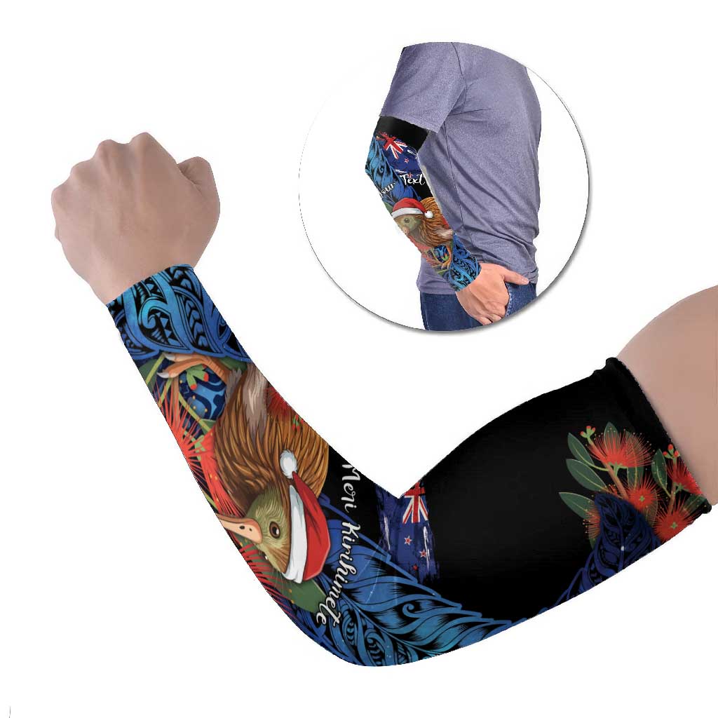 Personalised New Zealand Christmas Arm Sleeves Santa Kiwi Bird With Pohutukawa Flowers - Polynesian Pride