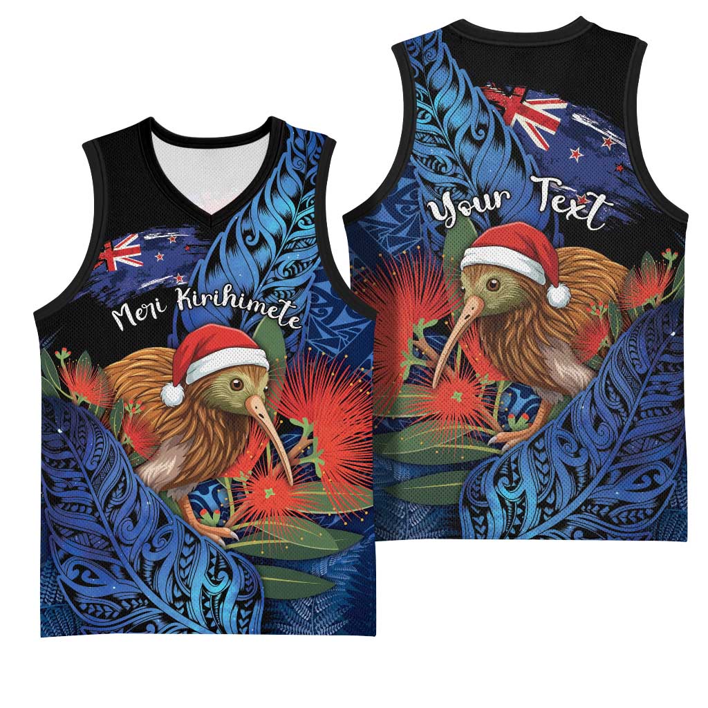 Personalised New Zealand Christmas Basketball Jersey Santa Kiwi Bird With Pohutukawa Flowers - Polynesian Pride