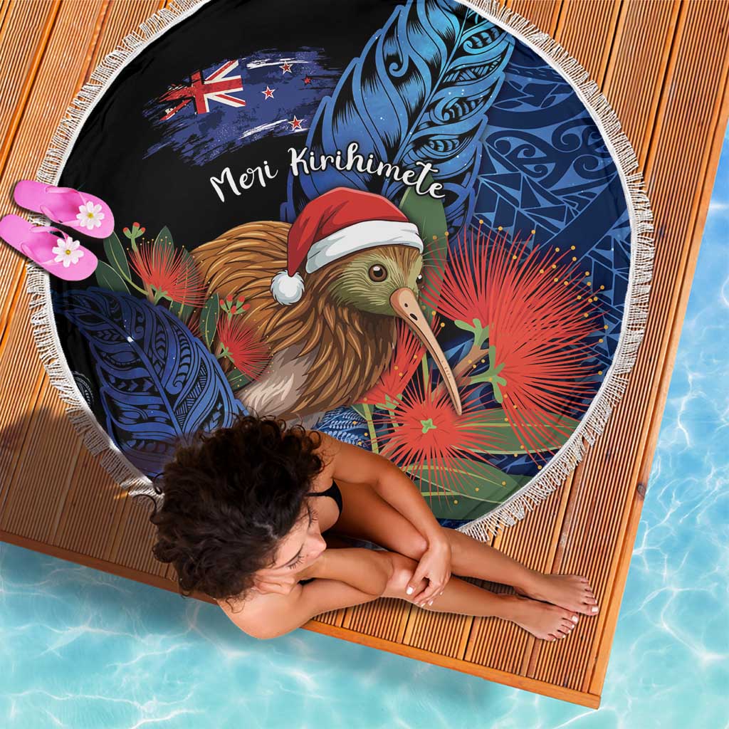 New Zealand Christmas Beach Blanket Santa Kiwi Bird With Pohutukawa Flowers - Polynesian Pride