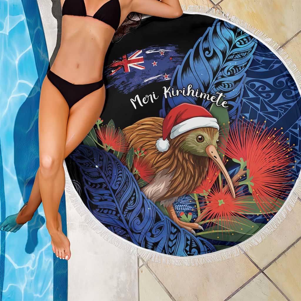 New Zealand Christmas Beach Blanket Santa Kiwi Bird With Pohutukawa Flowers - Polynesian Pride