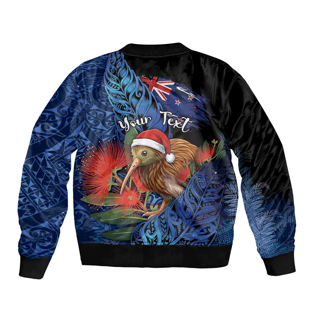 Personalised New Zealand Christmas Bomber Jacket Santa Kiwi Bird With Pohutukawa Flowers - Polynesian Pride