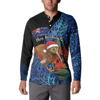 Personalised New Zealand Christmas Button Sweatshirt Santa Kiwi Bird With Pohutukawa Flowers - Polynesian Pride