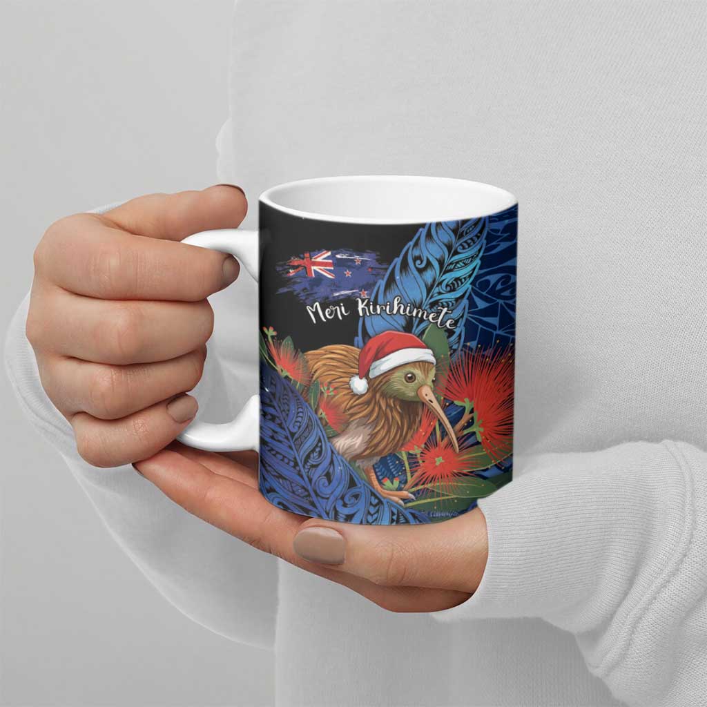 Personalised New Zealand Christmas Ceramic Mug Santa Kiwi Bird With Pohutukawa Flowers - Polynesian Pride