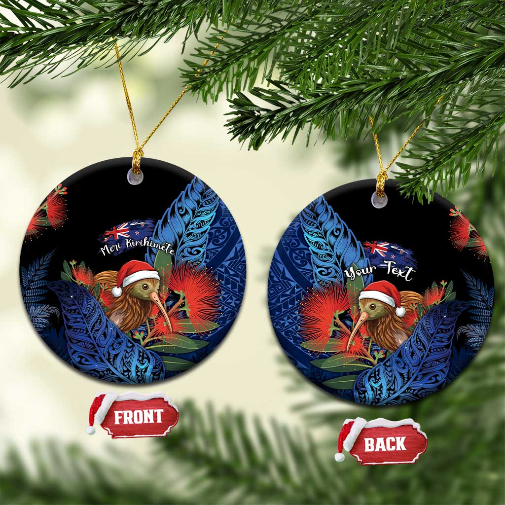 Personalised New Zealand Christmas Ceramic Ornament Santa Kiwi Bird With Pohutukawa Flowers - Polynesian Pride