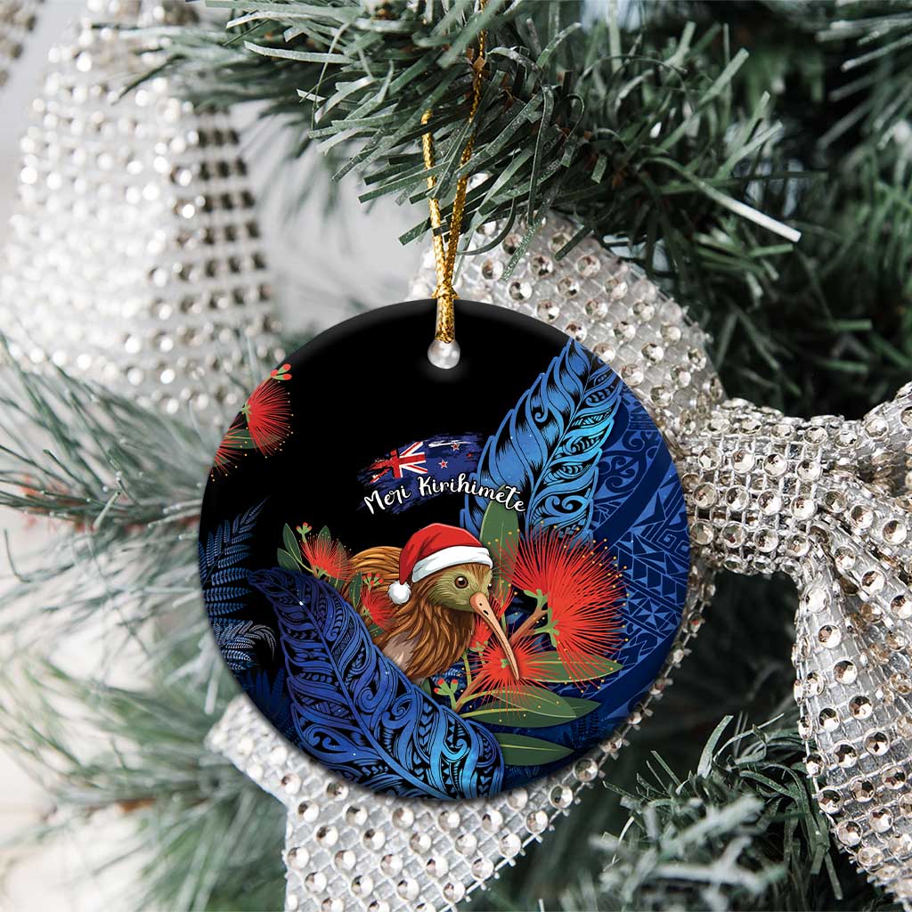 Personalised New Zealand Christmas Ceramic Ornament Santa Kiwi Bird With Pohutukawa Flowers - Polynesian Pride