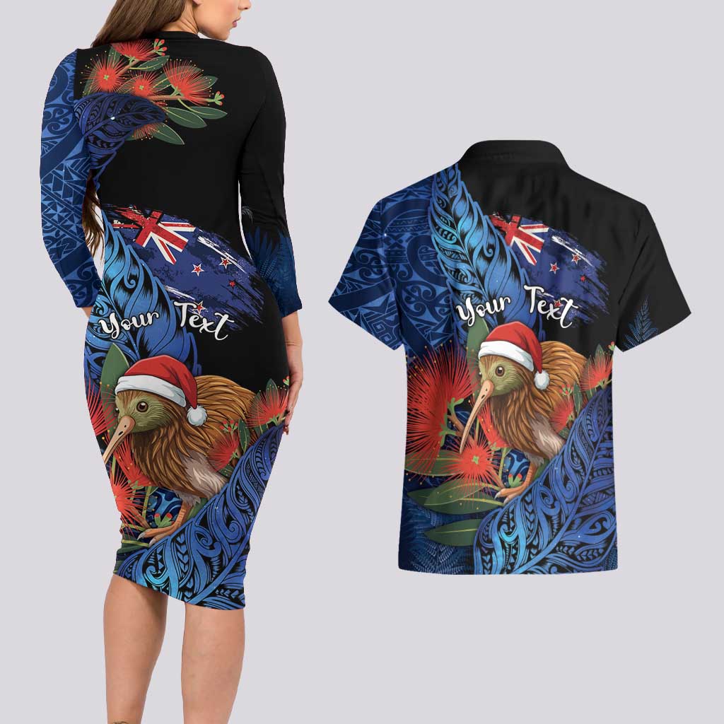 Personalised New Zealand Christmas Couples Matching Long Sleeve Bodycon Dress and Hawaiian Shirt Santa Kiwi Bird With Pohutukawa Flowers - Polynesian Pride
