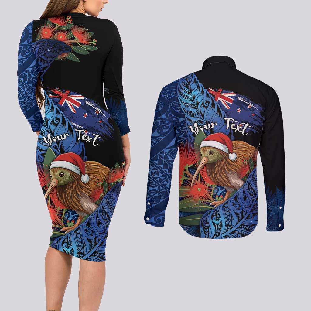 Personalised New Zealand Christmas Couples Matching Long Sleeve Bodycon Dress and Long Sleeve Button Shirt Santa Kiwi Bird With Pohutukawa Flowers - Polynesian Pride