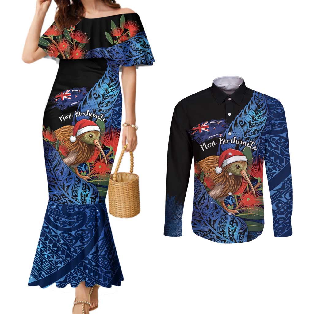 Personalised New Zealand Christmas Couples Matching Mermaid Dress and Long Sleeve Button Shirt Santa Kiwi Bird With Pohutukawa Flowers - Polynesian Pride