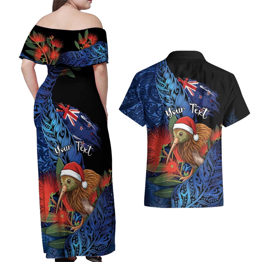 Personalised New Zealand Christmas Couples Matching Off Shoulder Maxi Dress and Hawaiian Shirt Santa Kiwi Bird With Pohutukawa Flowers - Polynesian Pride