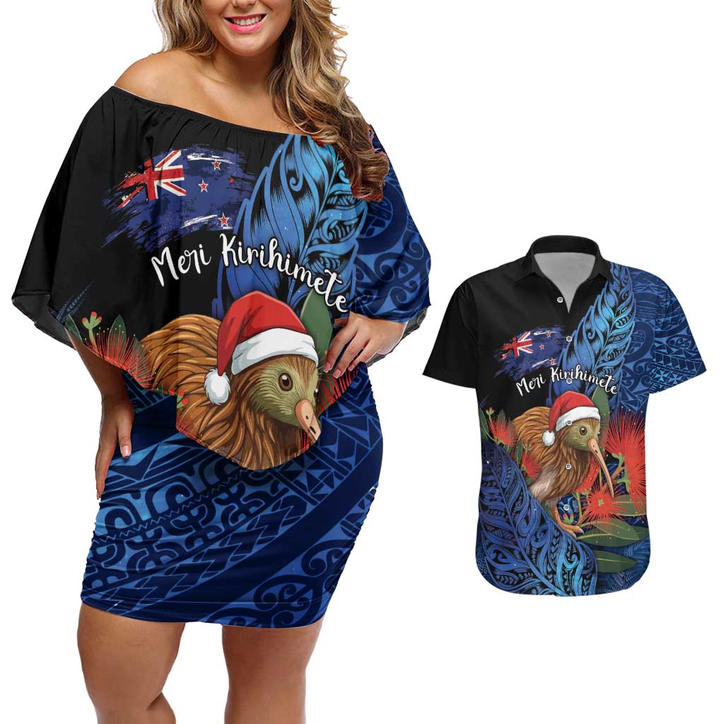 Personalised New Zealand Christmas Couples Matching Off Shoulder Short Dress and Hawaiian Shirt Santa Kiwi Bird With Pohutukawa Flowers - Polynesian Pride