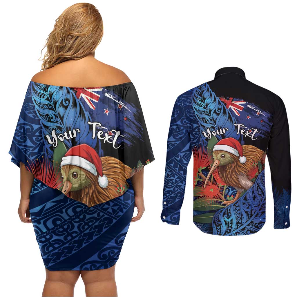 Personalised New Zealand Christmas Couples Matching Off Shoulder Short Dress and Long Sleeve Button Shirt Santa Kiwi Bird With Pohutukawa Flowers - Polynesian Pride
